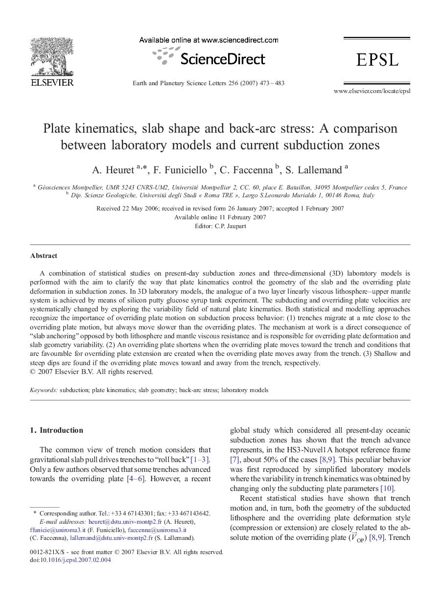 Plate kinematics, slab shape and back-arc stress: A comparison between laboratory models and current subduction zones