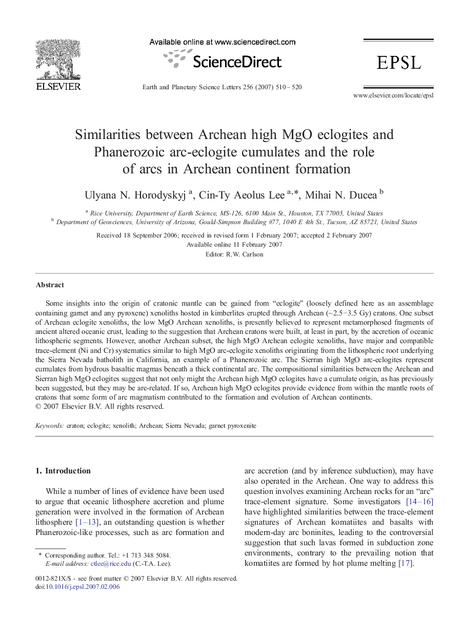 Similarities between Archean high MgO eclogites and Phanerozoic arc-eclogite cumulates and the role of arcs in Archean continent formation