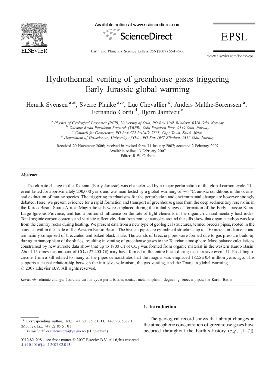 Hydrothermal venting of greenhouse gases triggering Early Jurassic global warming