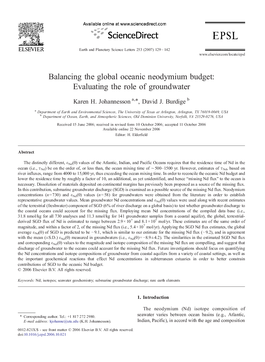 Balancing the global oceanic neodymium budget: Evaluating the role of groundwater