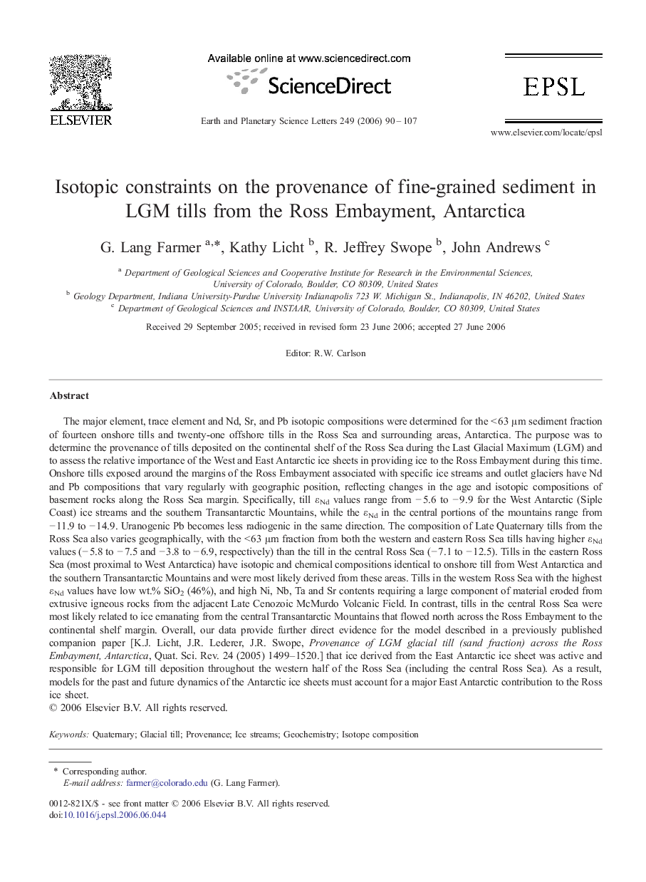 Isotopic constraints on the provenance of fine-grained sediment in LGM tills from the Ross Embayment, Antarctica