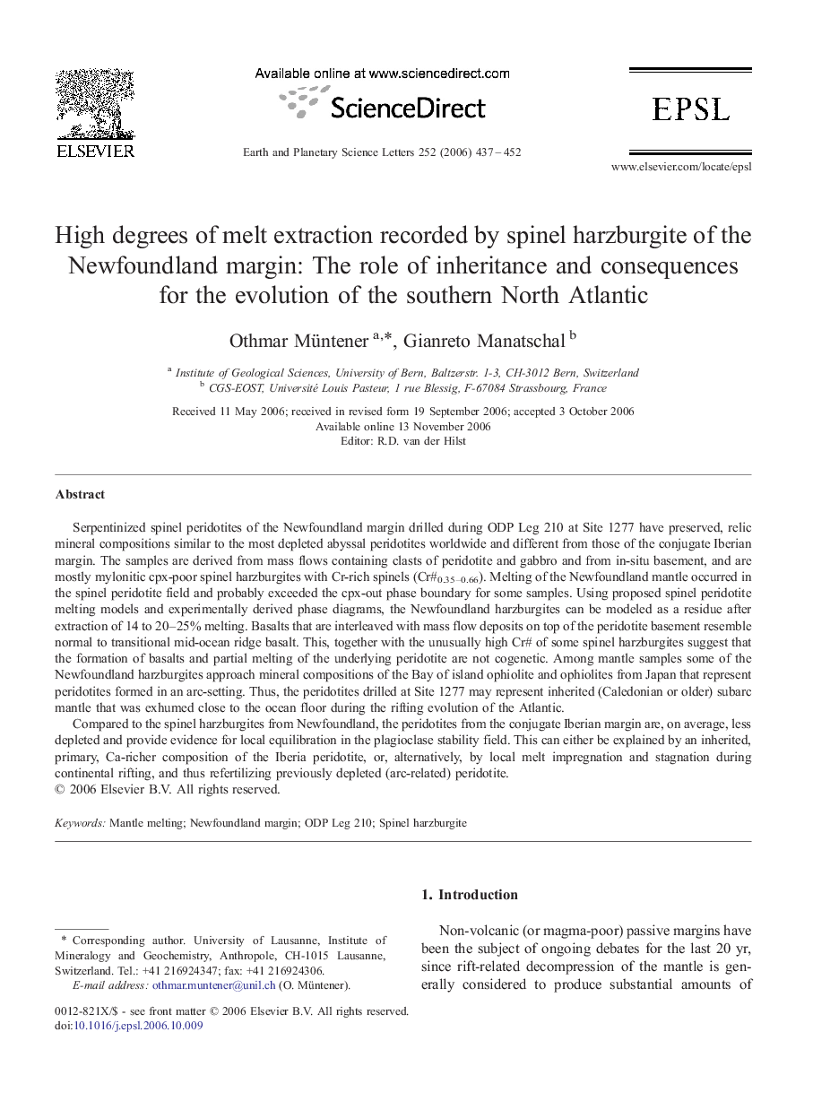 High degrees of melt extraction recorded by spinel harzburgite of the Newfoundland margin: The role of inheritance and consequences for the evolution of the southern North Atlantic