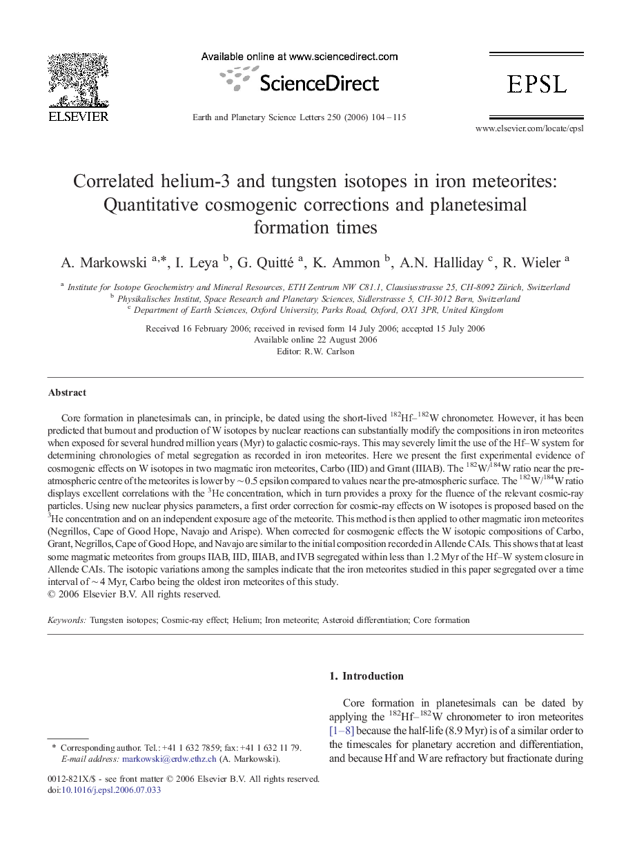 Correlated helium-3 and tungsten isotopes in iron meteorites: Quantitative cosmogenic corrections and planetesimal formation times