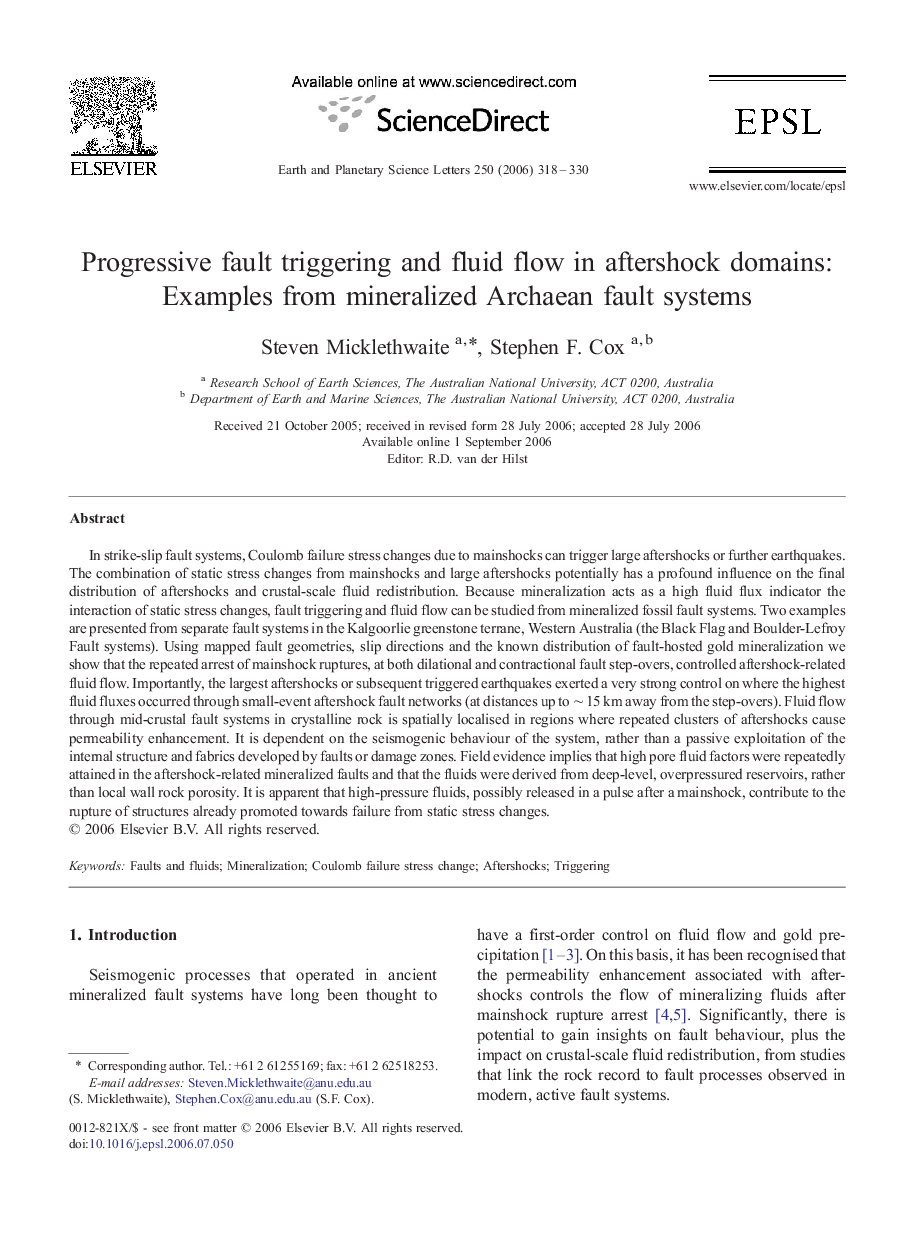 Progressive fault triggering and fluid flow in aftershock domains: Examples from mineralized Archaean fault systems