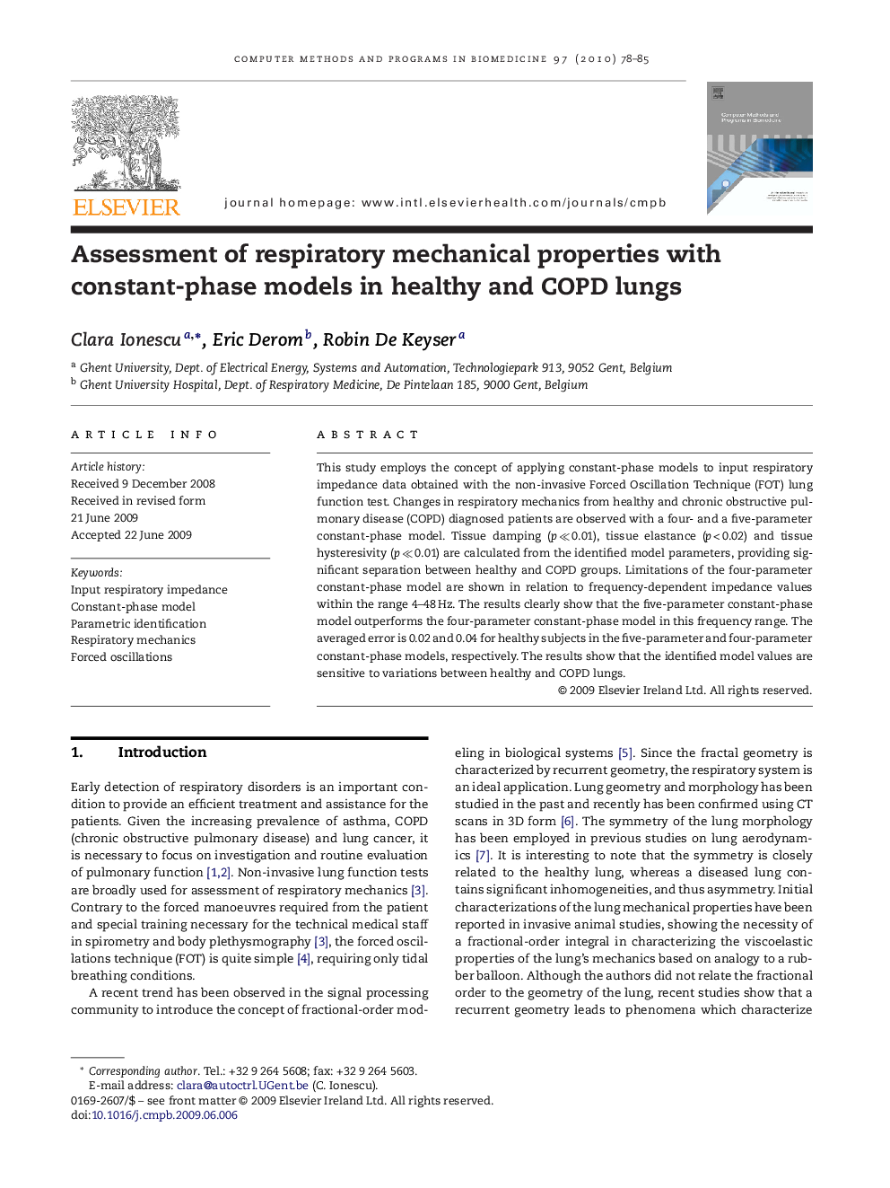 Assessment of respiratory mechanical properties with constant-phase models in healthy and COPD lungs