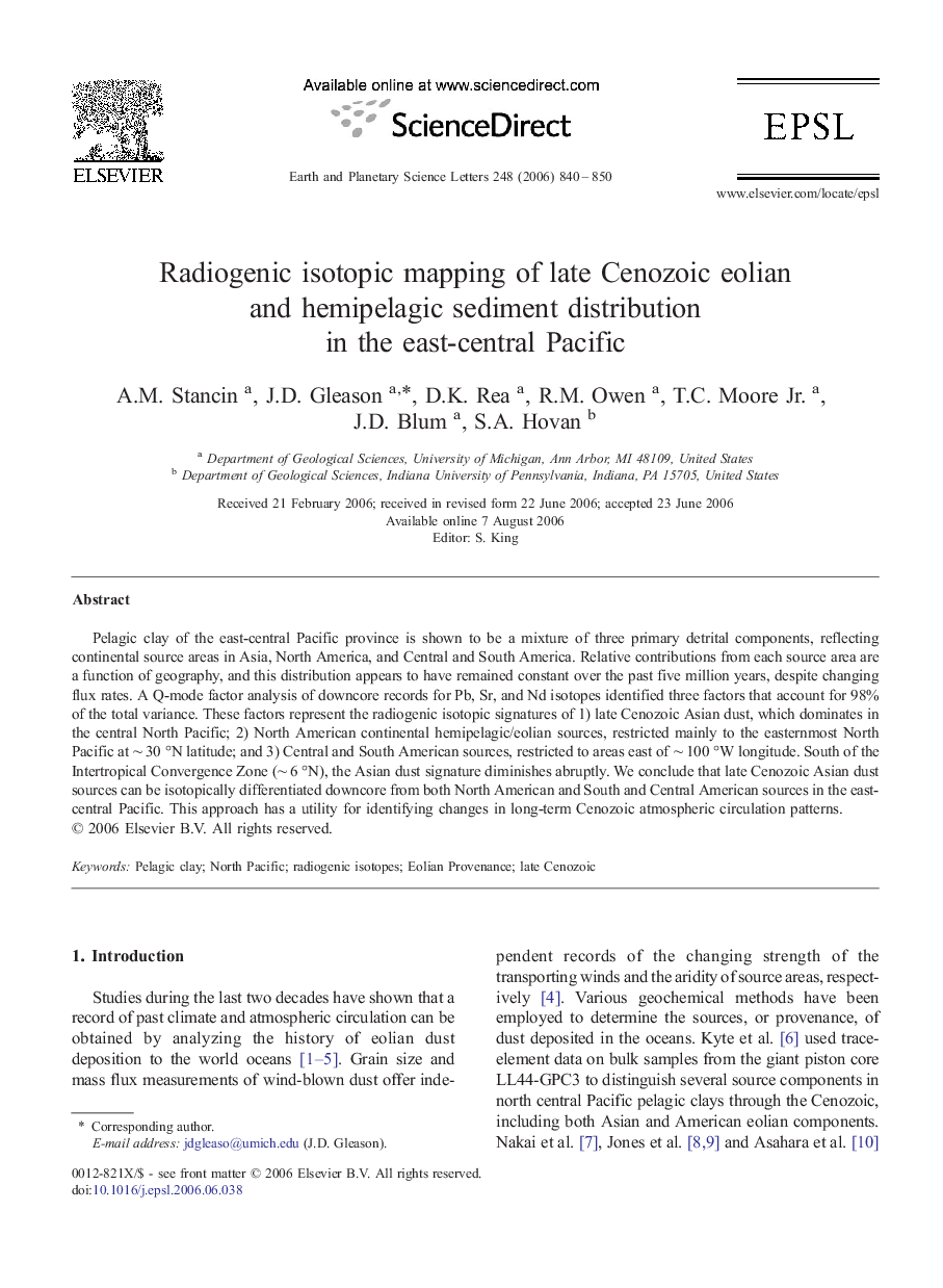 Radiogenic isotopic mapping of late Cenozoic eolian and hemipelagic sediment distribution in the east-central Pacific