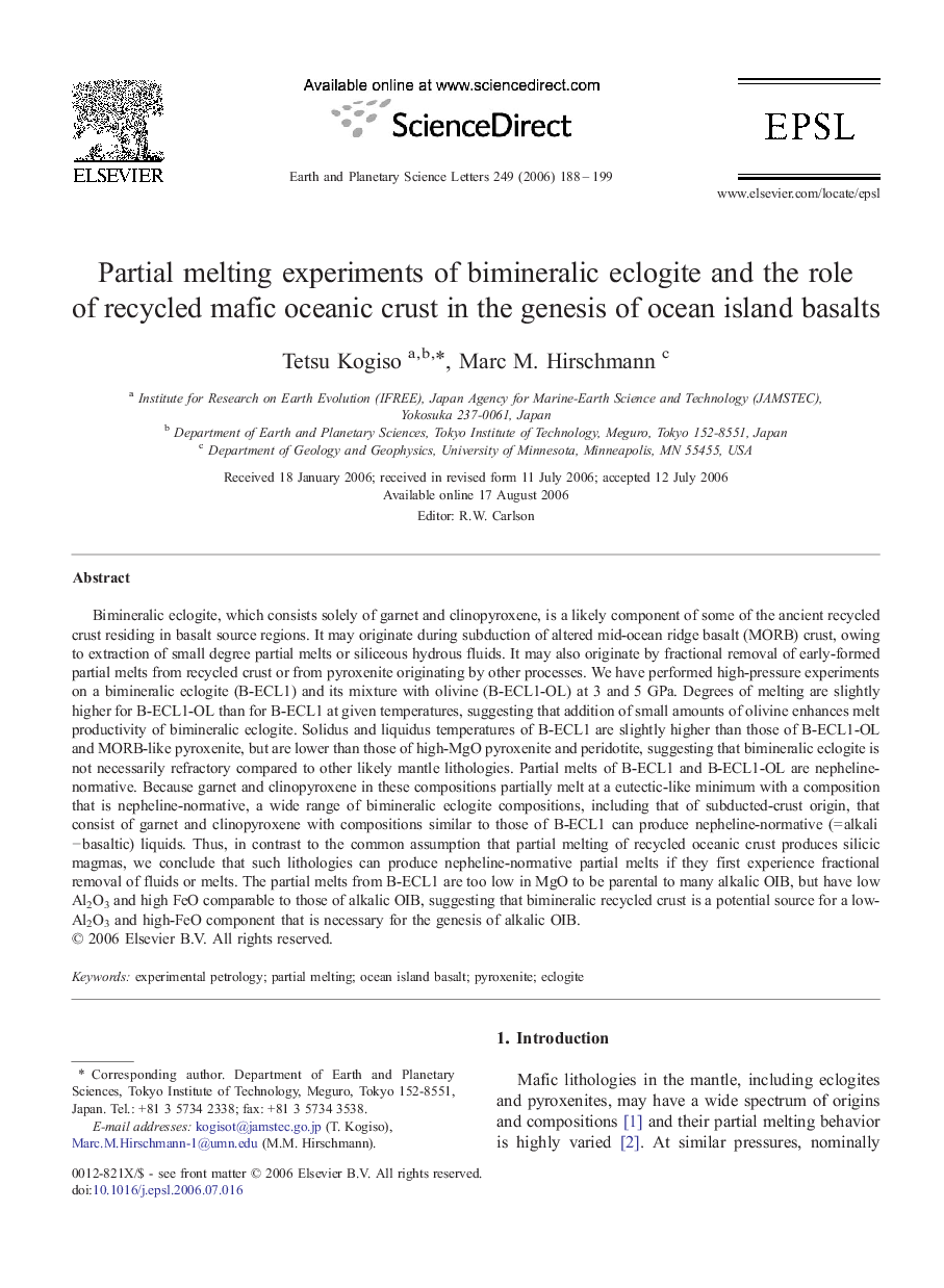 Partial melting experiments of bimineralic eclogite and the role of recycled mafic oceanic crust in the genesis of ocean island basalts