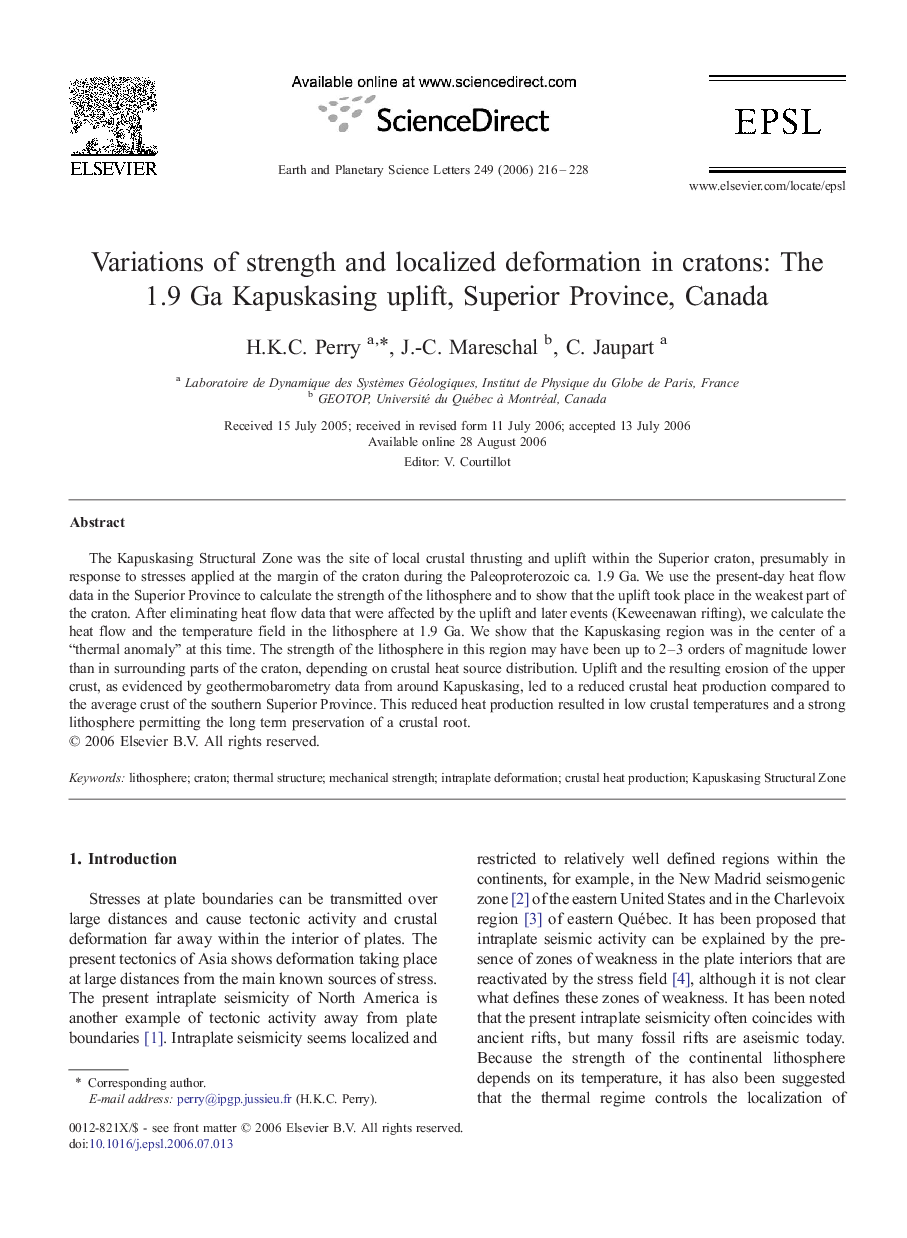 Variations of strength and localized deformation in cratons: The 1.9 Ga Kapuskasing uplift, Superior Province, Canada