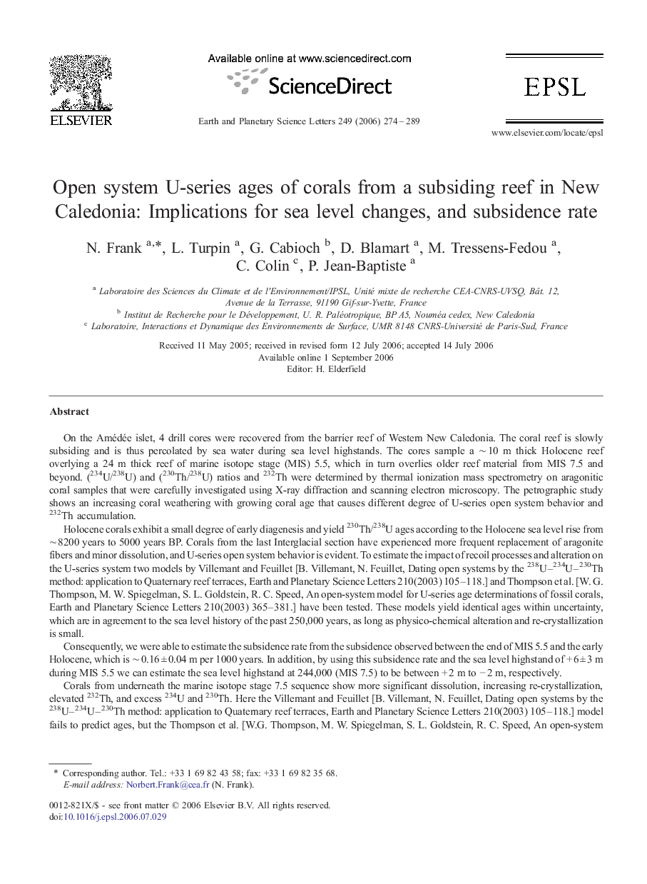 Open system U-series ages of corals from a subsiding reef in New Caledonia: Implications for sea level changes, and subsidence rate