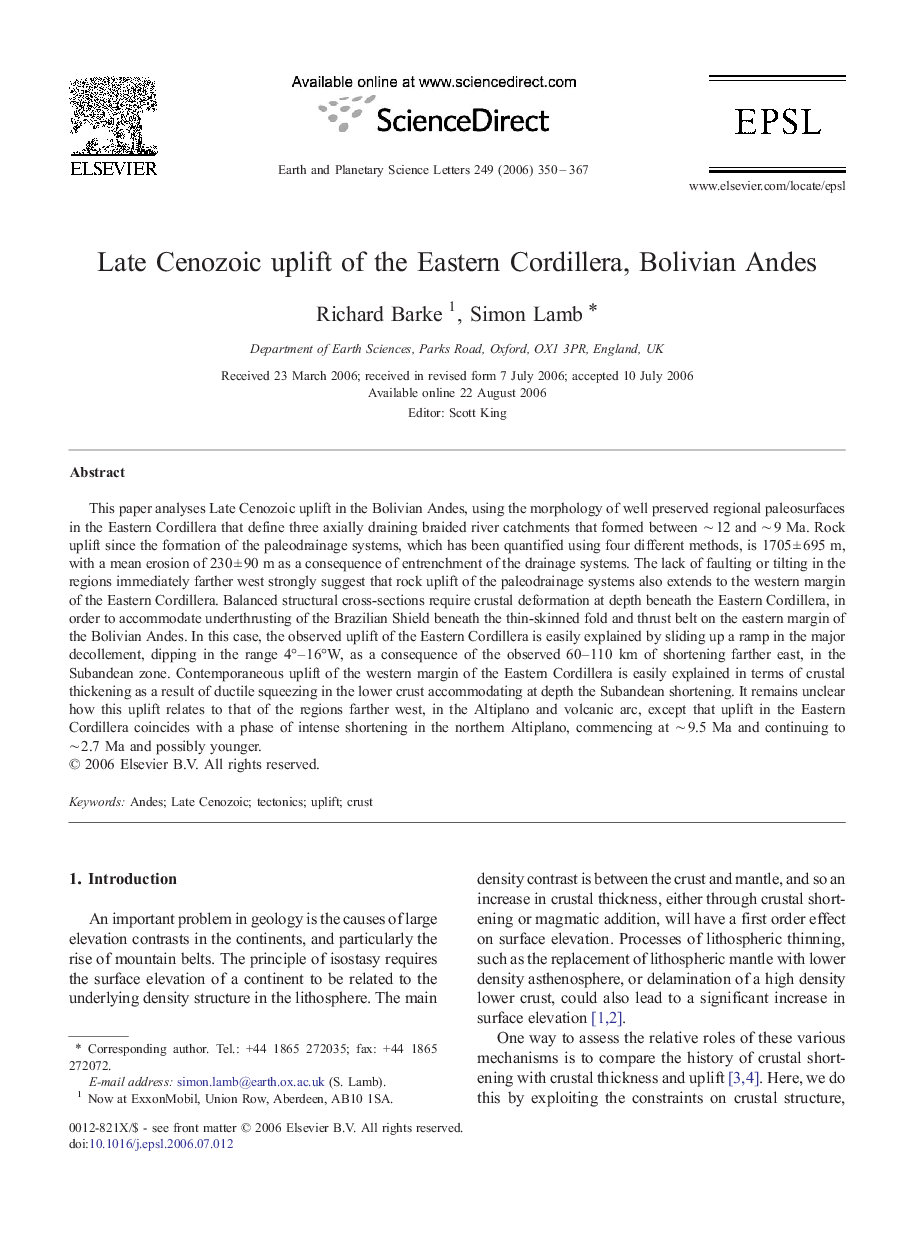 Late Cenozoic uplift of the Eastern Cordillera, Bolivian Andes