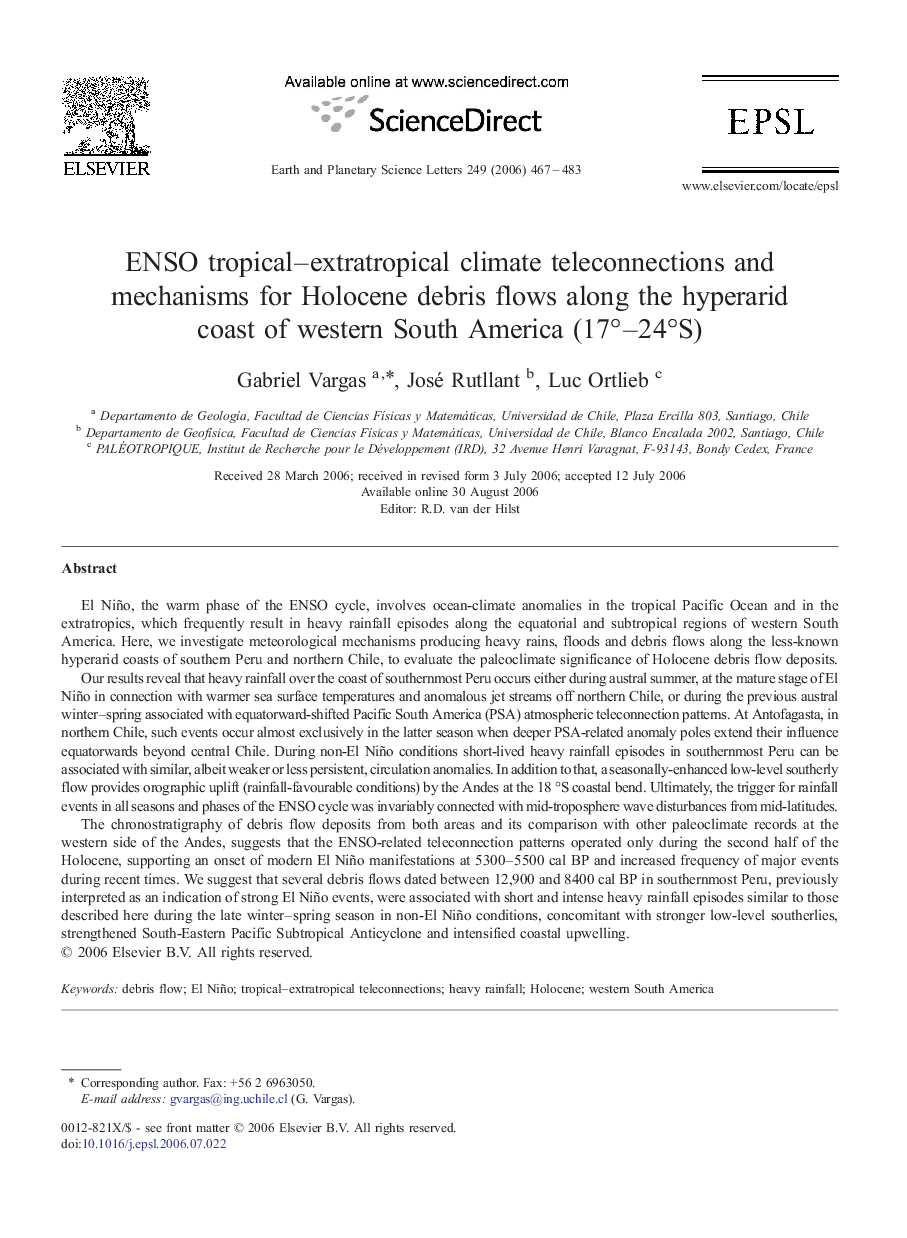 ENSO tropical–extratropical climate teleconnections and mechanisms for Holocene debris flows along the hyperarid coast of western South America (17°–24°S)