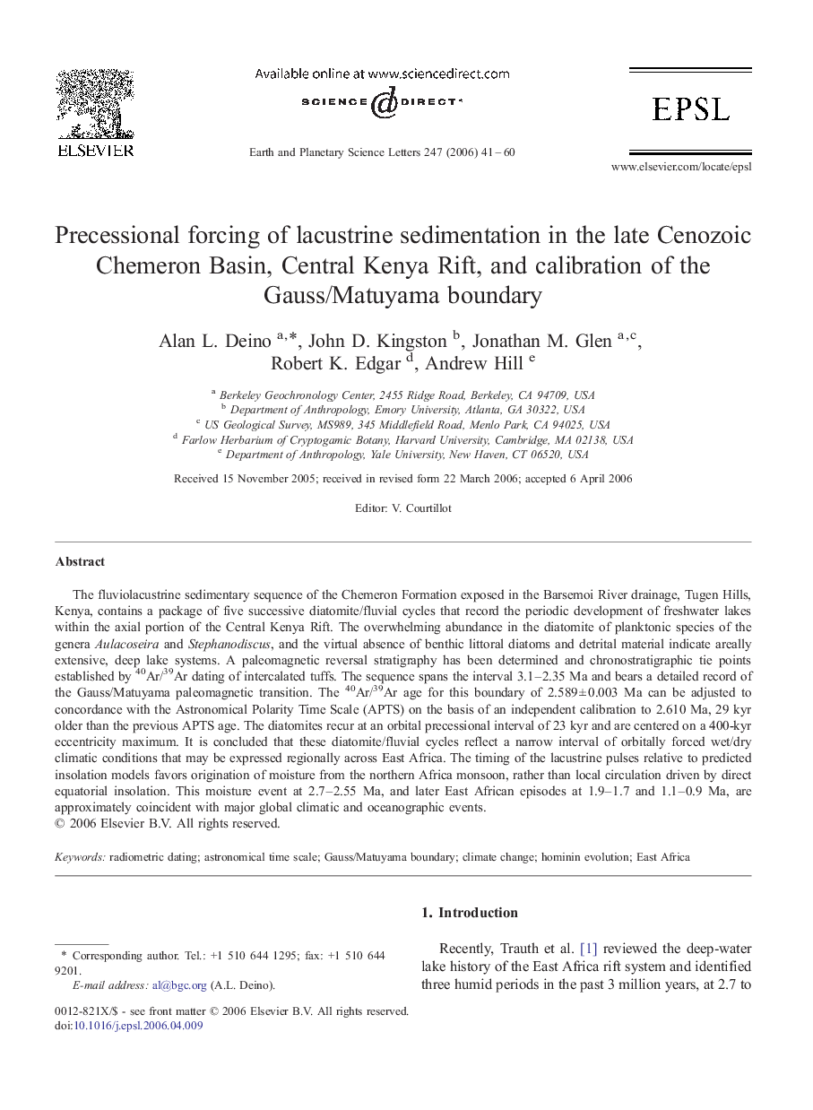Precessional forcing of lacustrine sedimentation in the late Cenozoic Chemeron Basin, Central Kenya Rift, and calibration of the Gauss/Matuyama boundary