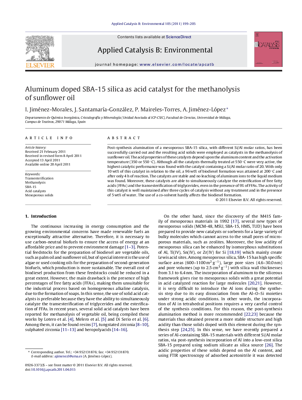 Aluminum doped SBA-15 silica as acid catalyst for the methanolysis of sunflower oil