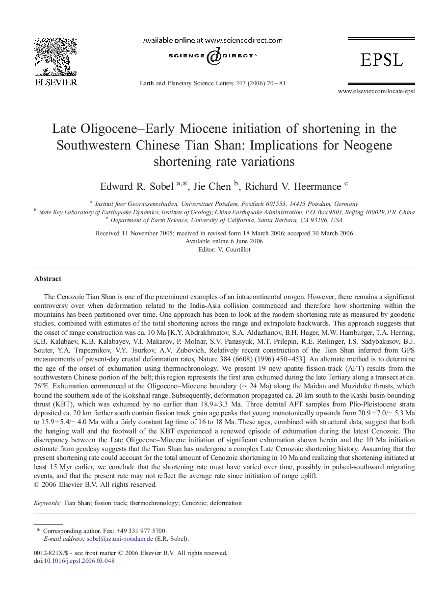 Late Oligocene–Early Miocene initiation of shortening in the Southwestern Chinese Tian Shan: Implications for Neogene shortening rate variations