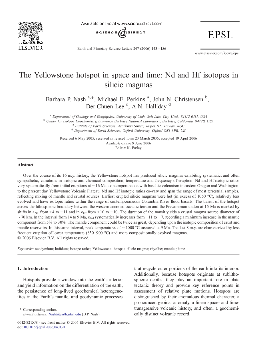 The Yellowstone hotspot in space and time: Nd and Hf isotopes in silicic magmas