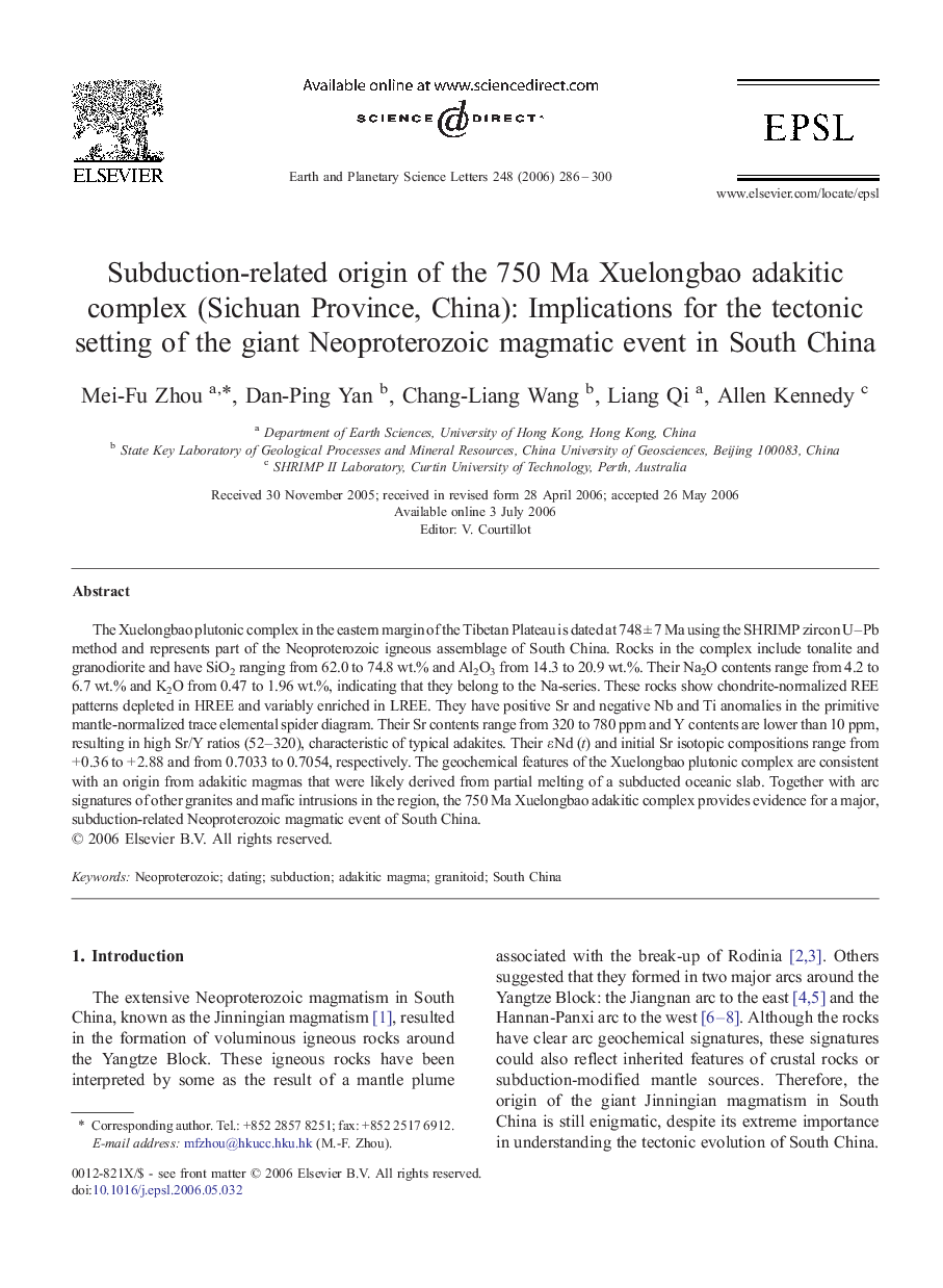 Subduction-related origin of the 750 Ma Xuelongbao adakitic complex (Sichuan Province, China): Implications for the tectonic setting of the giant Neoproterozoic magmatic event in South China