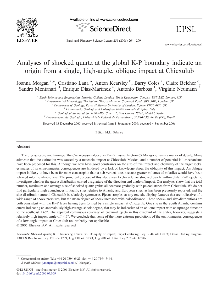 Analyses of shocked quartz at the global K-P boundary indicate an origin from a single, high-angle, oblique impact at Chicxulub