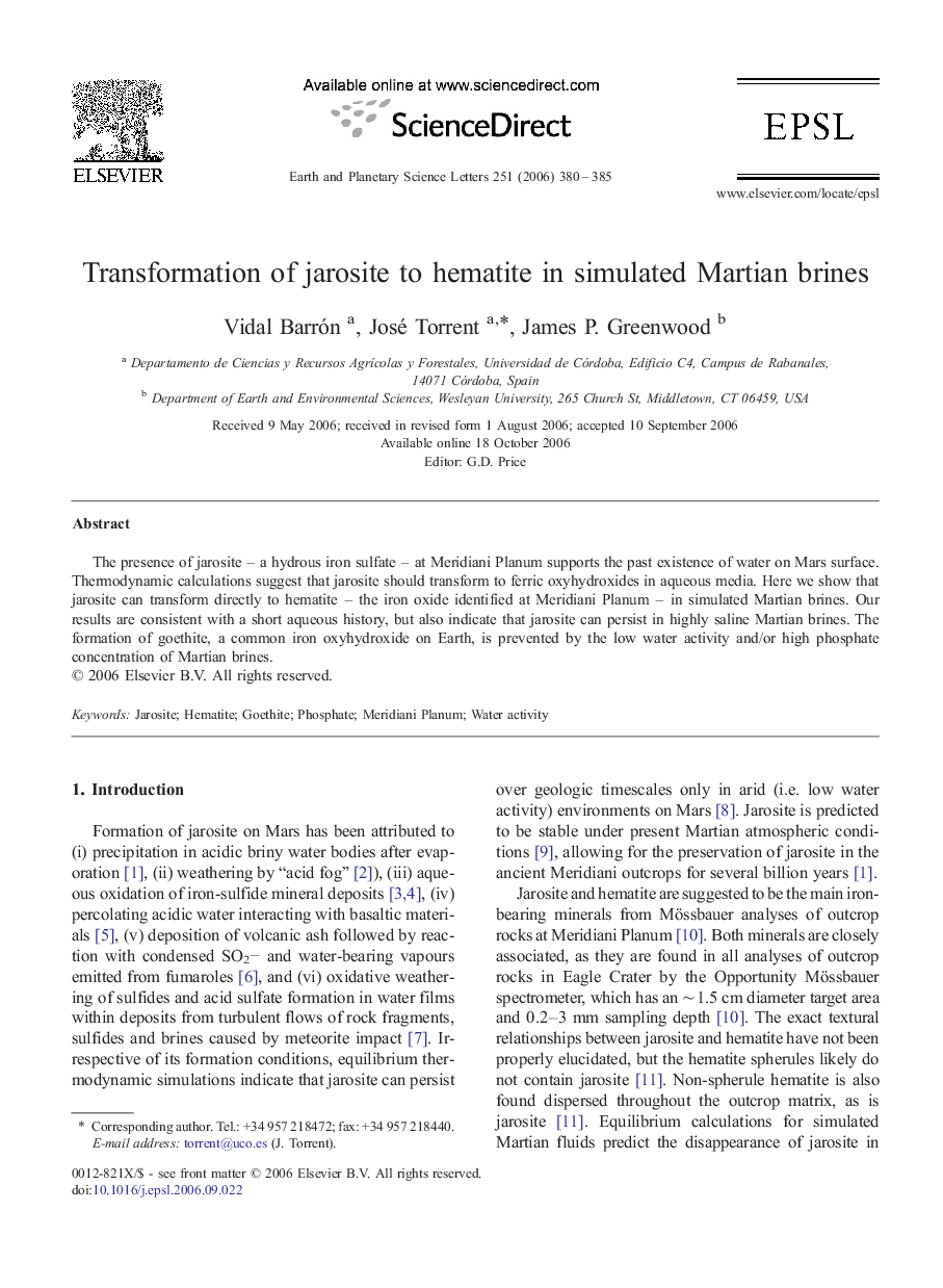 Transformation of jarosite to hematite in simulated Martian brines