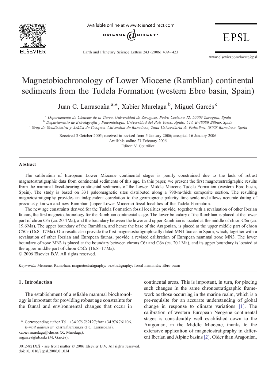 Magnetobiochronology of Lower Miocene (Ramblian) continental sediments from the Tudela Formation (western Ebro basin, Spain)