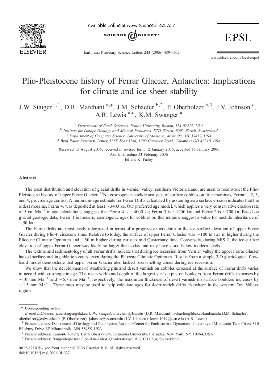 Plio-Pleistocene history of Ferrar Glacier, Antarctica: Implications for climate and ice sheet stability