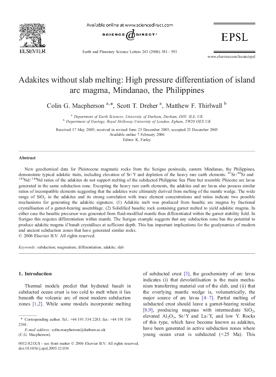 Adakites without slab melting: High pressure differentiation of island arc magma, Mindanao, the Philippines