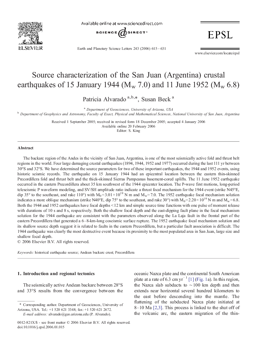 Source characterization of the San Juan (Argentina) crustal earthquakes of 15 January 1944 (Mw 7.0) and 11 June 1952 (Mw 6.8)