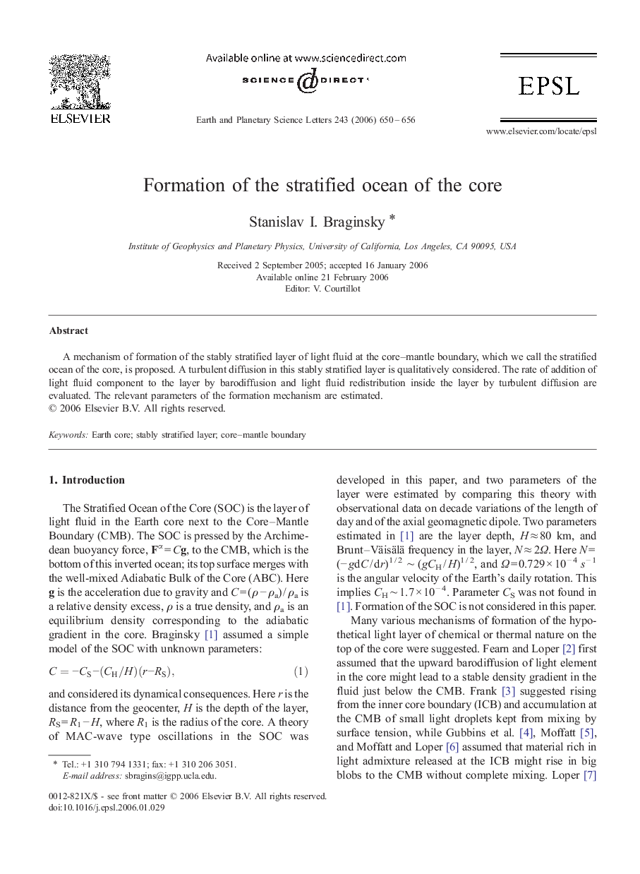 Formation of the stratified ocean of the core
