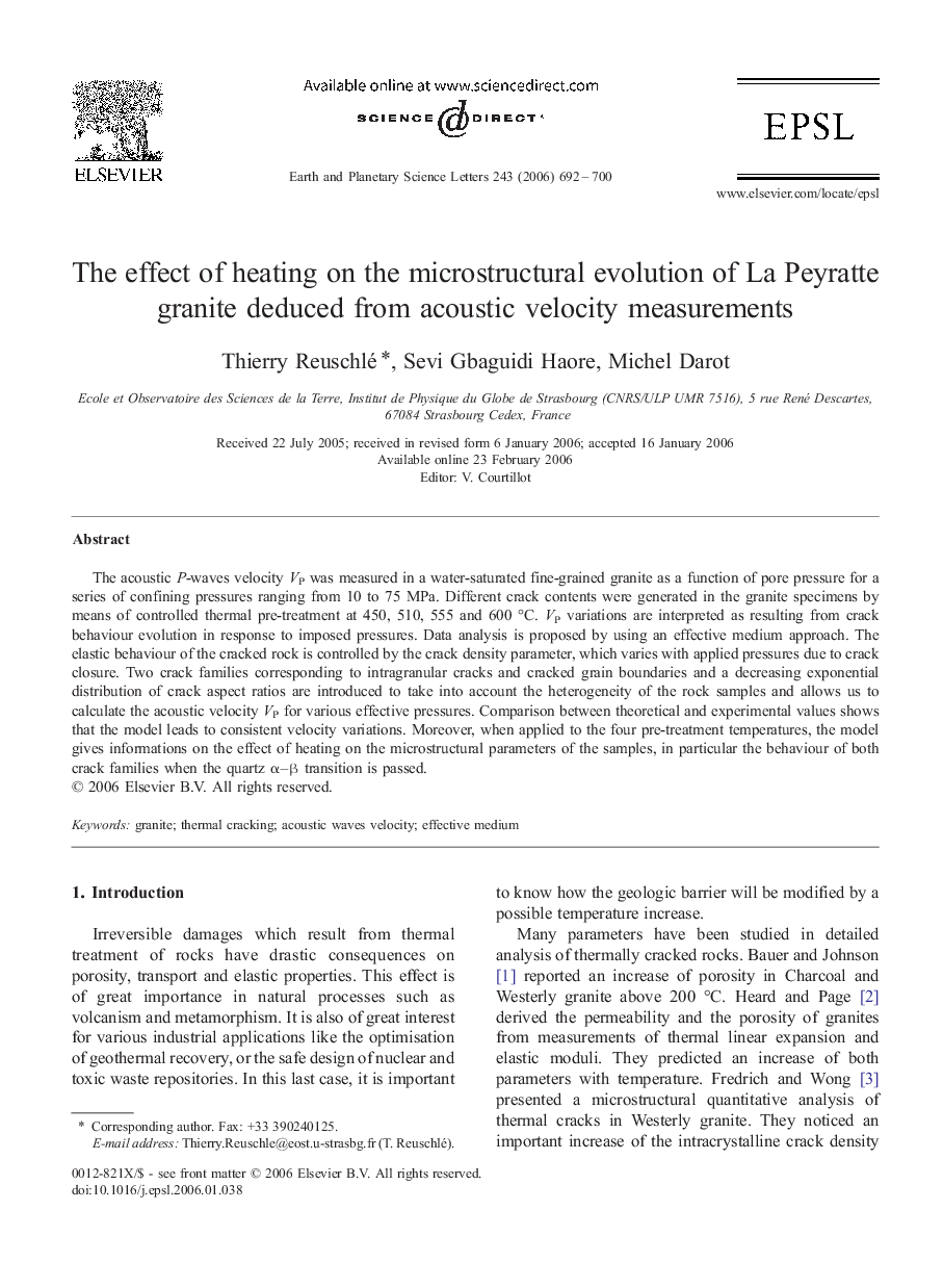 The effect of heating on the microstructural evolution of La Peyratte granite deduced from acoustic velocity measurements