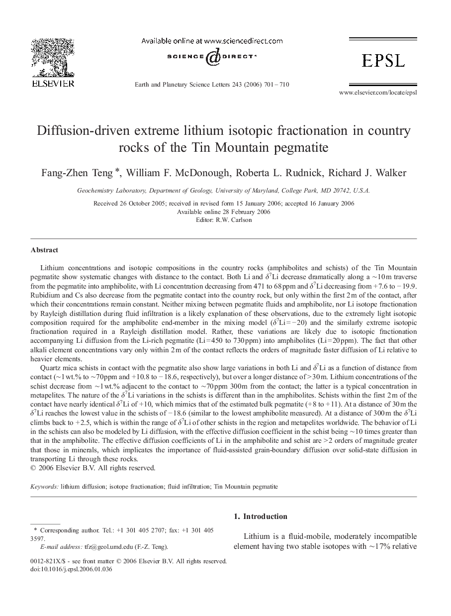 Diffusion-driven extreme lithium isotopic fractionation in country rocks of the Tin Mountain pegmatite