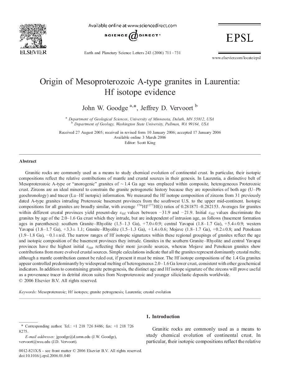 Origin of Mesoproterozoic A-type granites in Laurentia: Hf isotope evidence