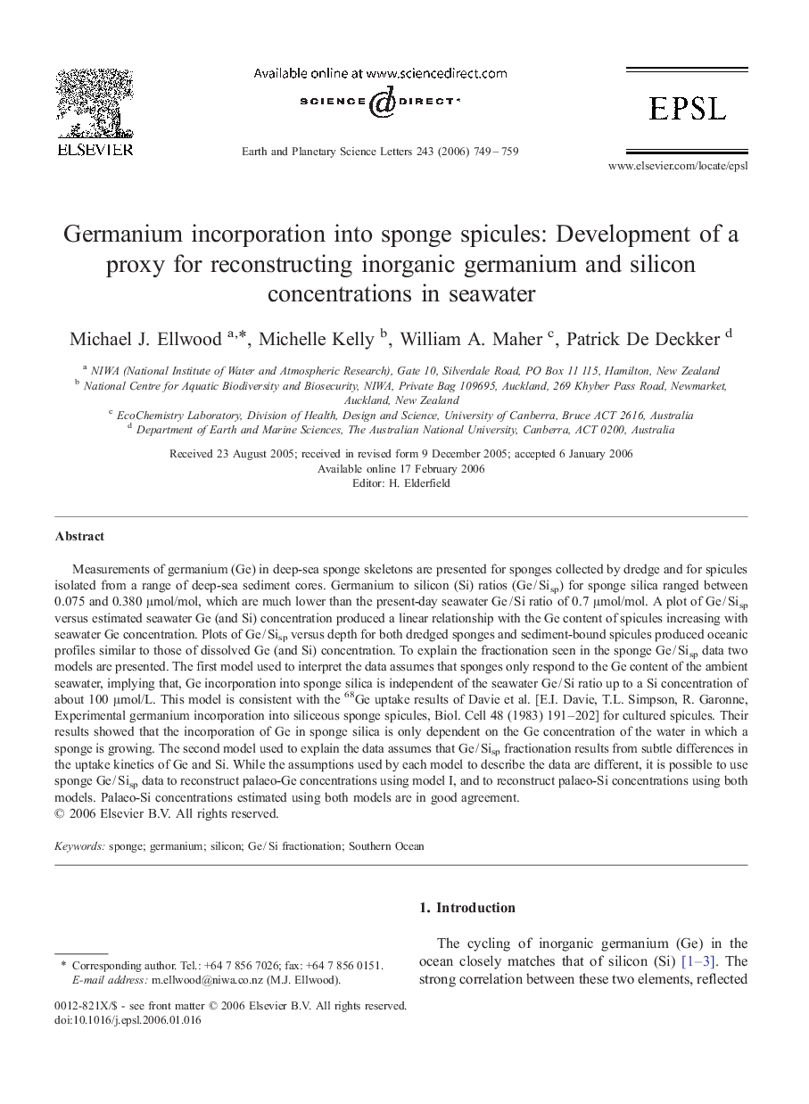 Germanium incorporation into sponge spicules: Development of a proxy for reconstructing inorganic germanium and silicon concentrations in seawater