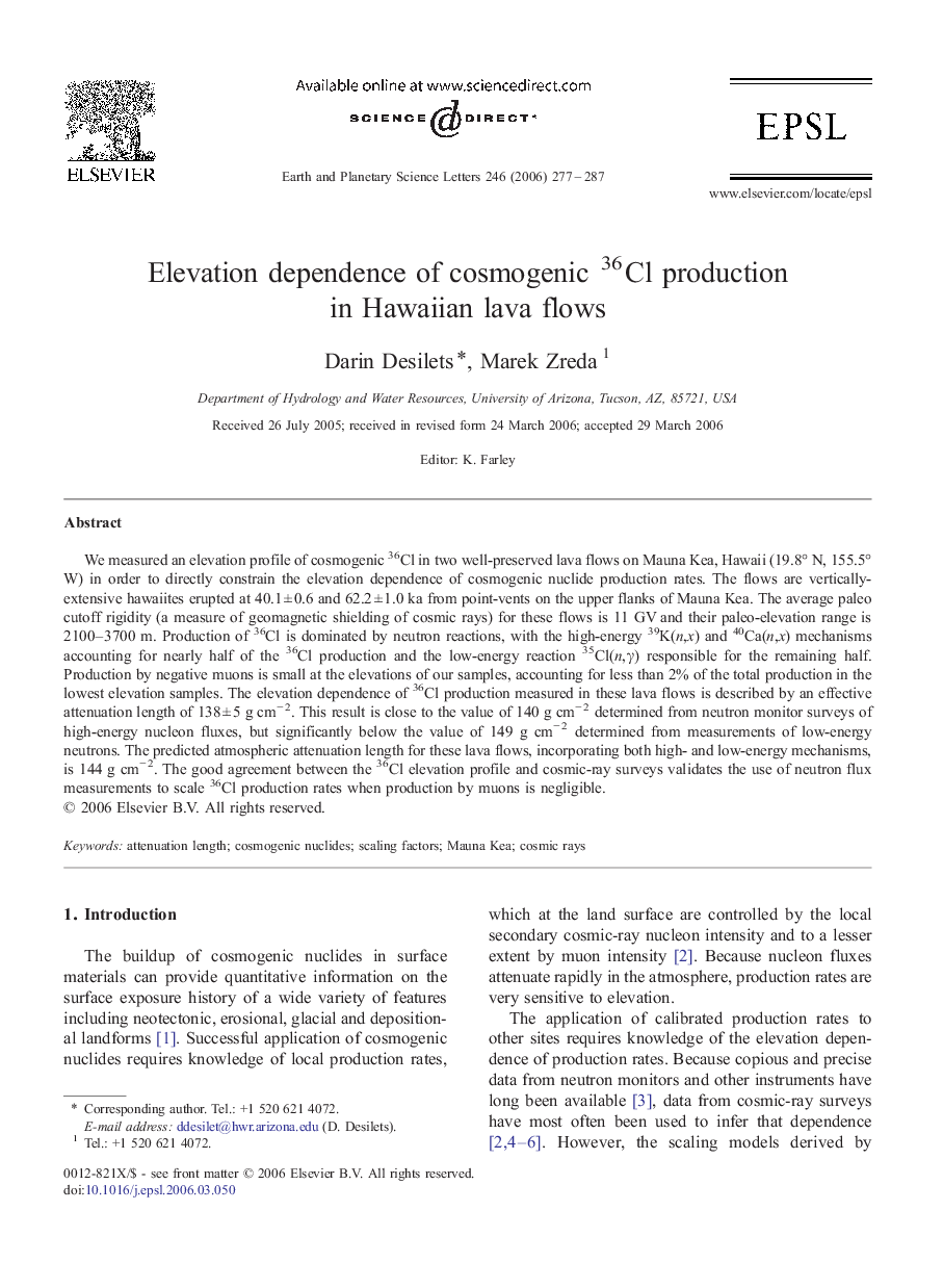 Elevation dependence of cosmogenic 36Cl production in Hawaiian lava flows