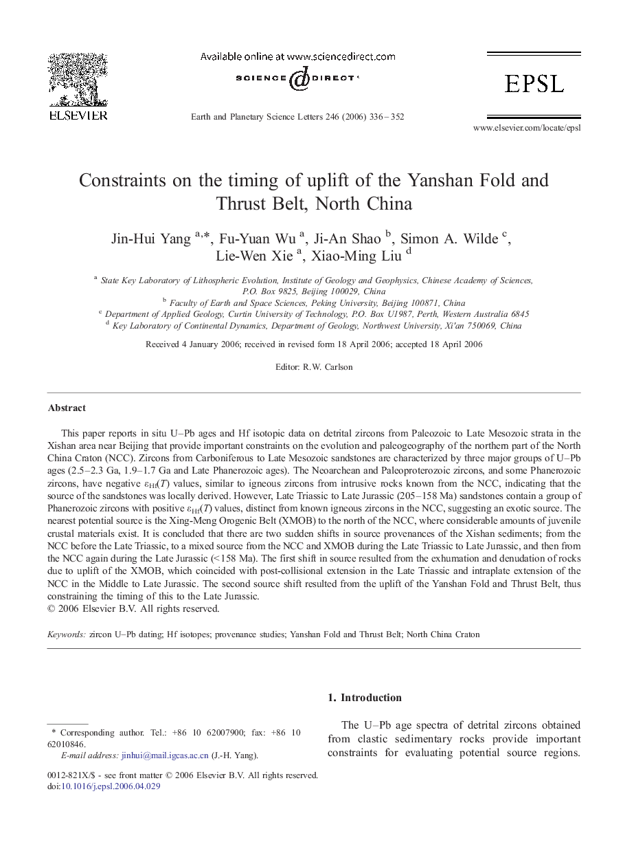 Constraints on the timing of uplift of the Yanshan Fold and Thrust Belt, North China