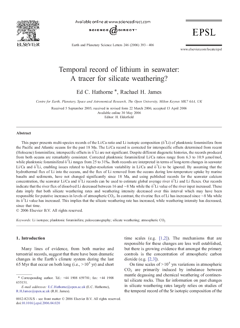 Temporal record of lithium in seawater: A tracer for silicate weathering?