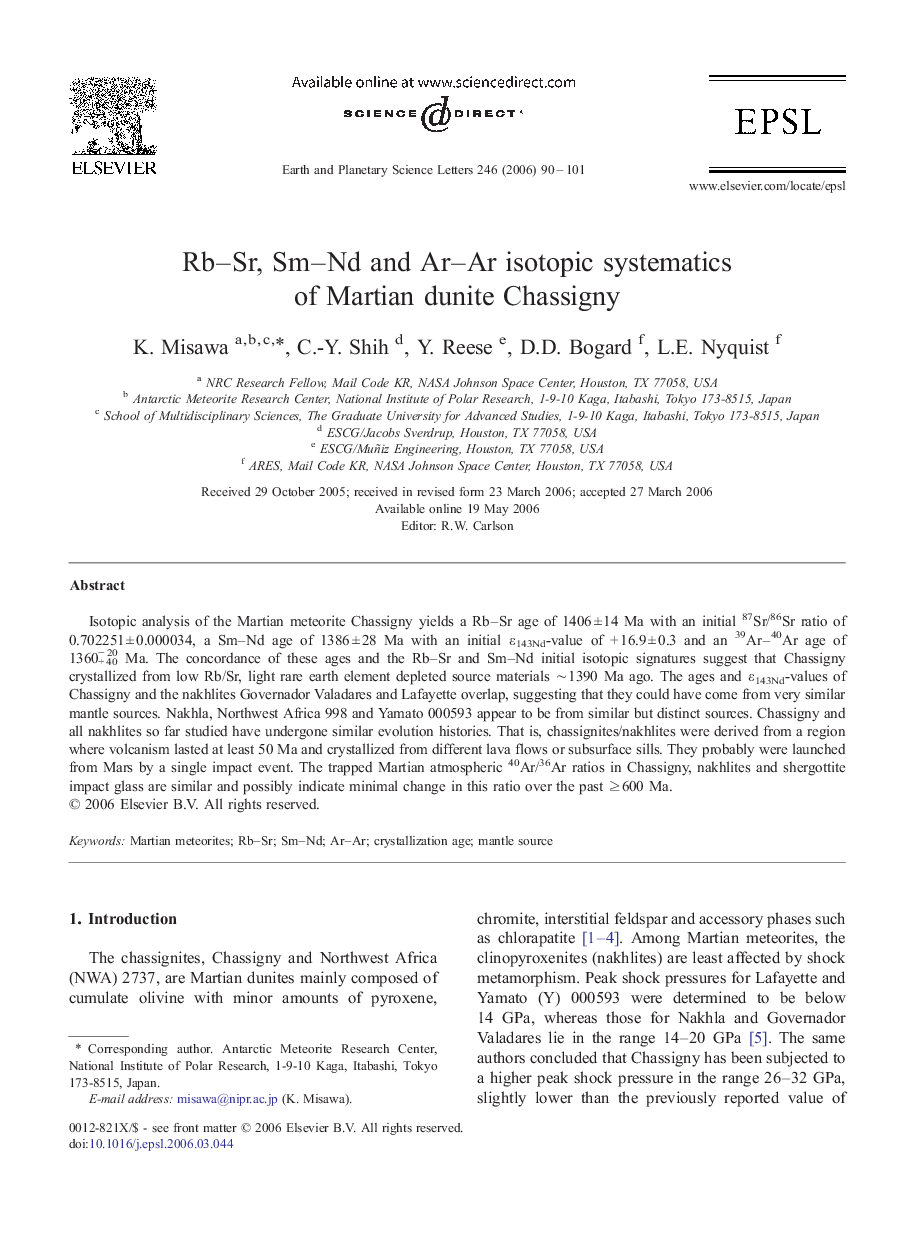 عکس صفحه اول مقاله: Rb–Sr, Sm–Nd and Ar–Ar isotopic systematics of Martian dunite Chassigny Rb–Sr, Sm–Nd and Ar–Ar isotopic systematics of Martian dunite Chassigny
