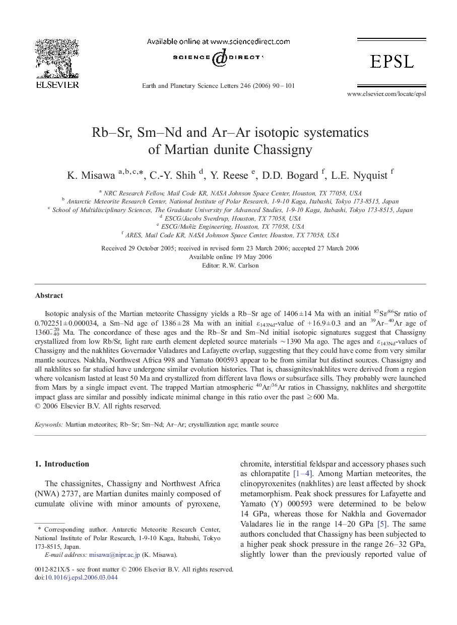 Rb–Sr, Sm–Nd and Ar–Ar isotopic systematics of Martian dunite Chassigny