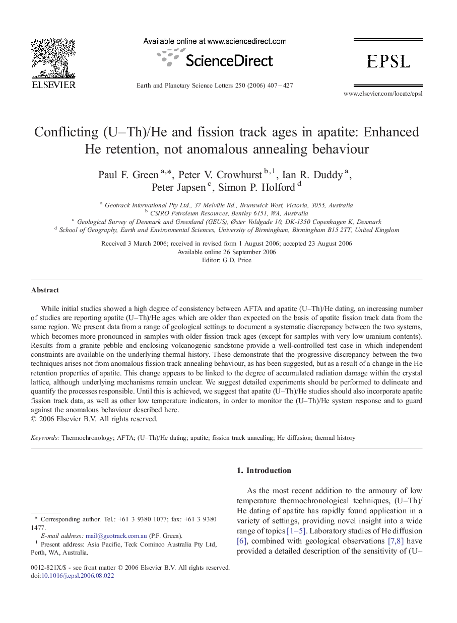 Conflicting (U–Th)/He and fission track ages in apatite: Enhanced He retention, not anomalous annealing behaviour