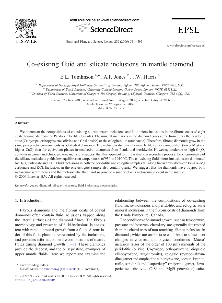 Co-existing fluid and silicate inclusions in mantle diamond