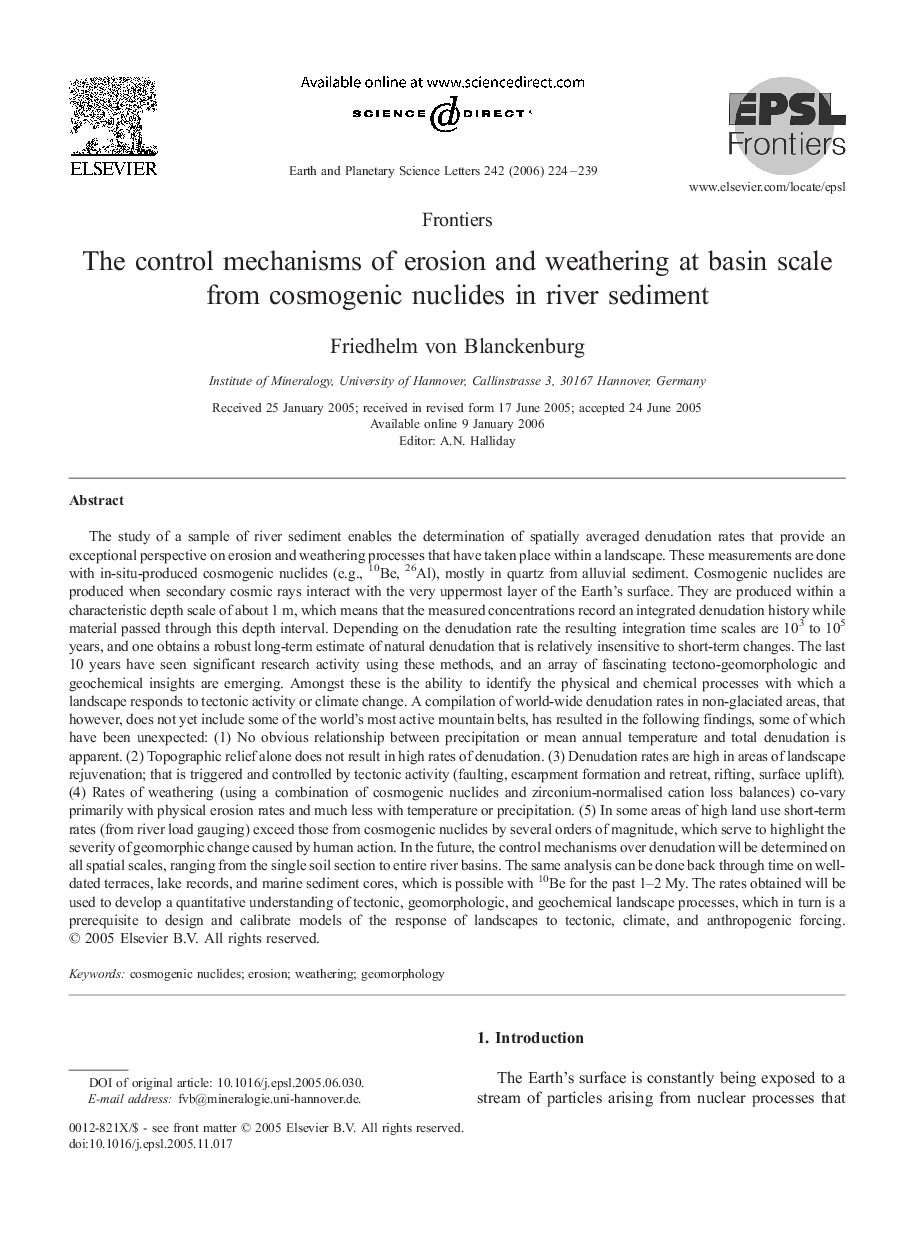 The control mechanisms of erosion and weathering at basin scale from cosmogenic nuclides in river sediment