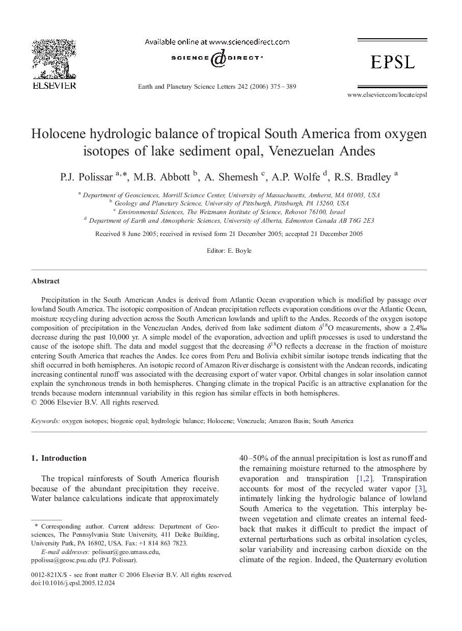 Holocene hydrologic balance of tropical South America from oxygen isotopes of lake sediment opal, Venezuelan Andes