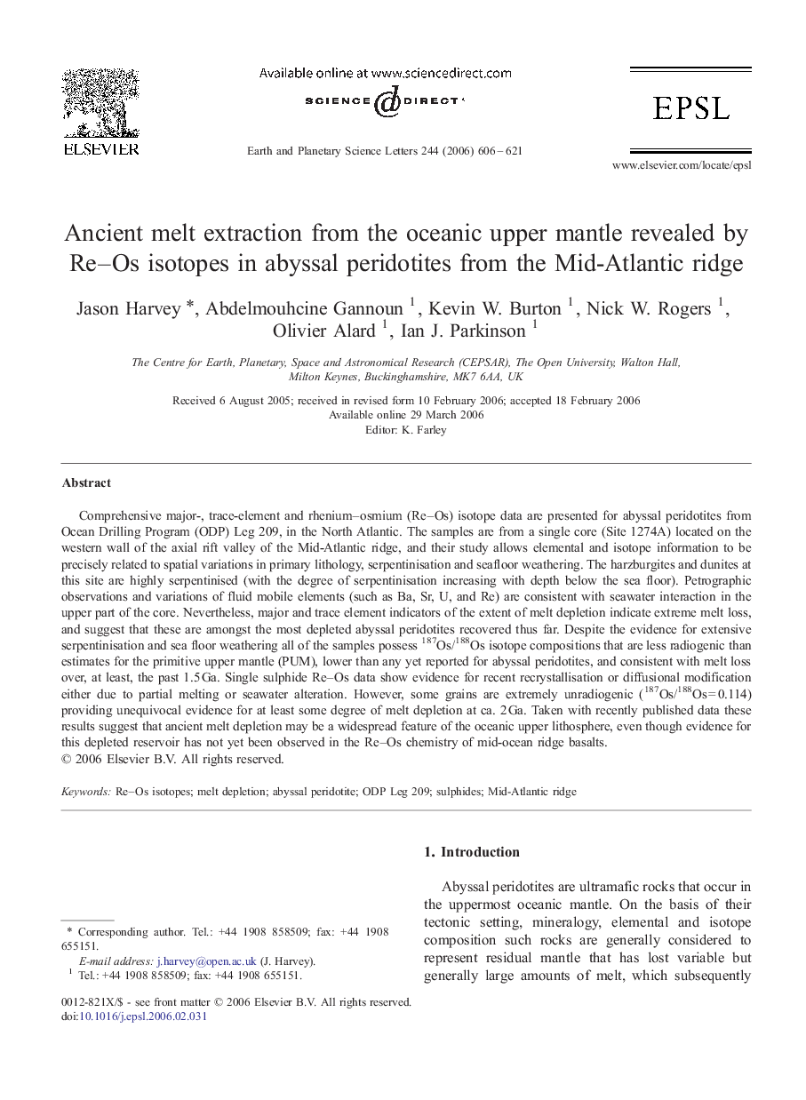 Ancient melt extraction from the oceanic upper mantle revealed by Re–Os isotopes in abyssal peridotites from the Mid-Atlantic ridge