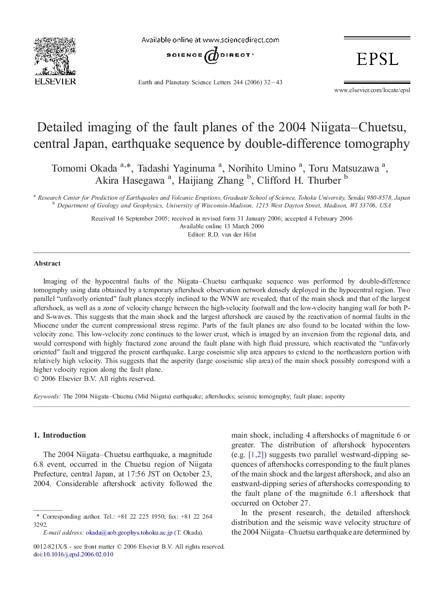 Detailed imaging of the fault planes of the 2004 Niigata–Chuetsu, central Japan, earthquake sequence by double-difference tomography