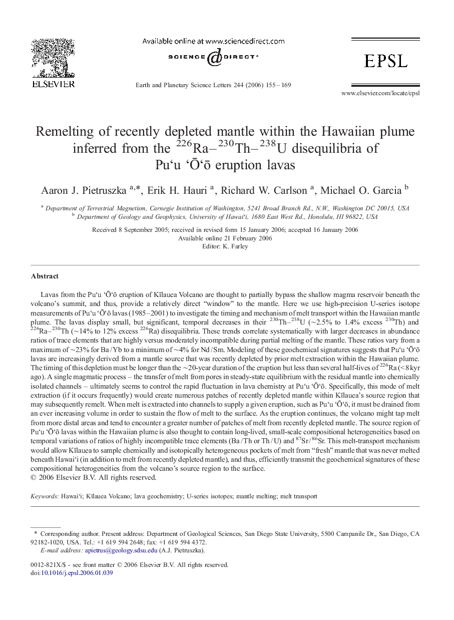 Remelting of recently depleted mantle within the Hawaiian plume inferred from the 226Ra–230Th–238U disequilibria of Puʻu ʻŌʻō eruption lavas