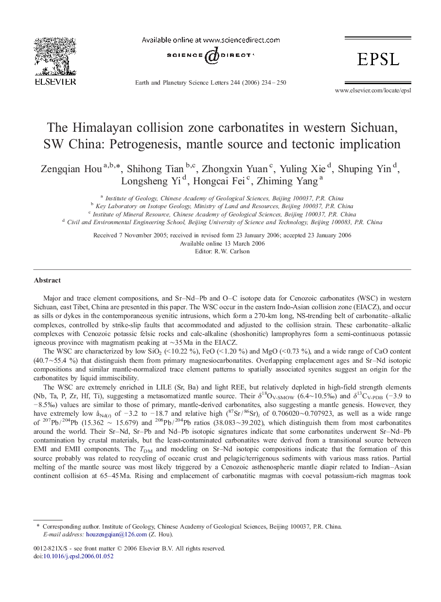 The Himalayan collision zone carbonatites in western Sichuan, SW China: Petrogenesis, mantle source and tectonic implication