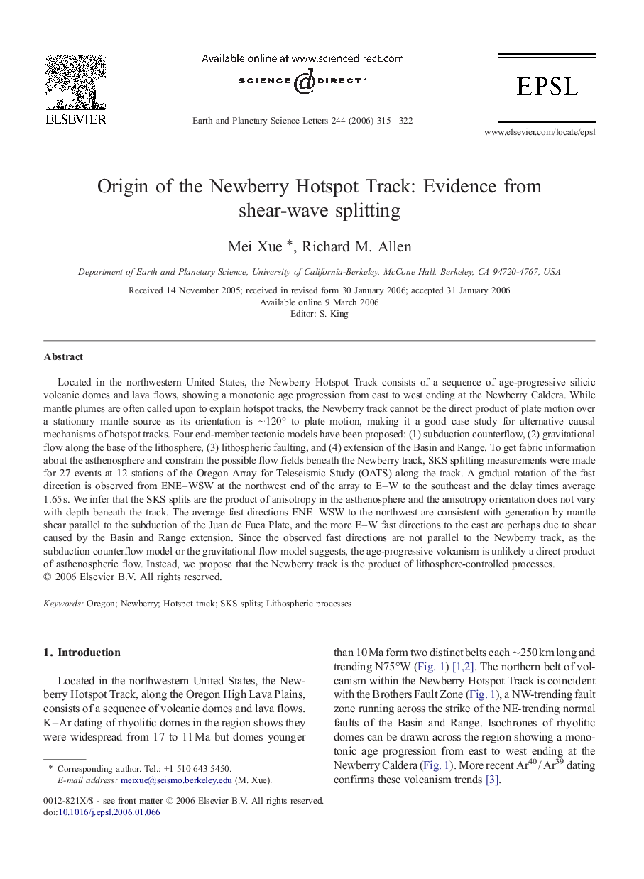 Origin of the Newberry Hotspot Track: Evidence from shear-wave splitting