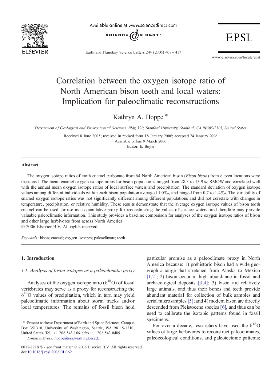 Correlation between the oxygen isotope ratio of North American bison teeth and local waters: Implication for paleoclimatic reconstructions