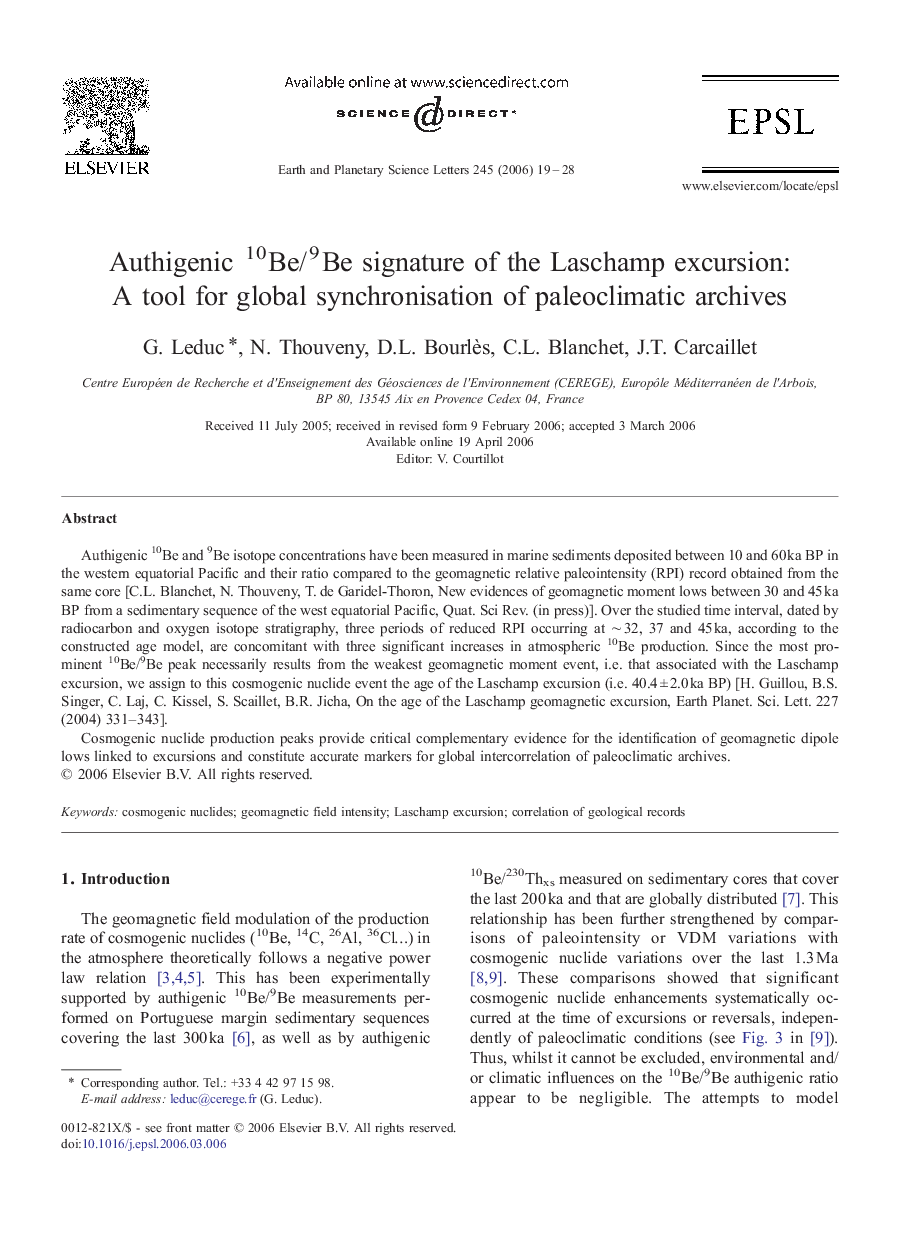 Authigenic 10Be/9Be signature of the Laschamp excursion: A tool for global synchronisation of paleoclimatic archives