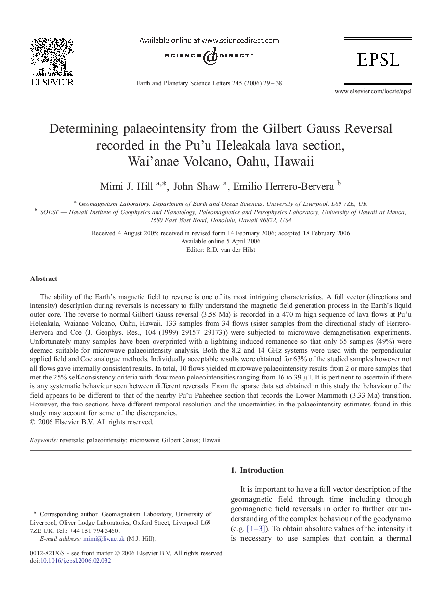 Determining palaeointensity from the Gilbert Gauss Reversal recorded in the Pu’u Heleakala lava section, Wai’anae Volcano, Oahu, Hawaii