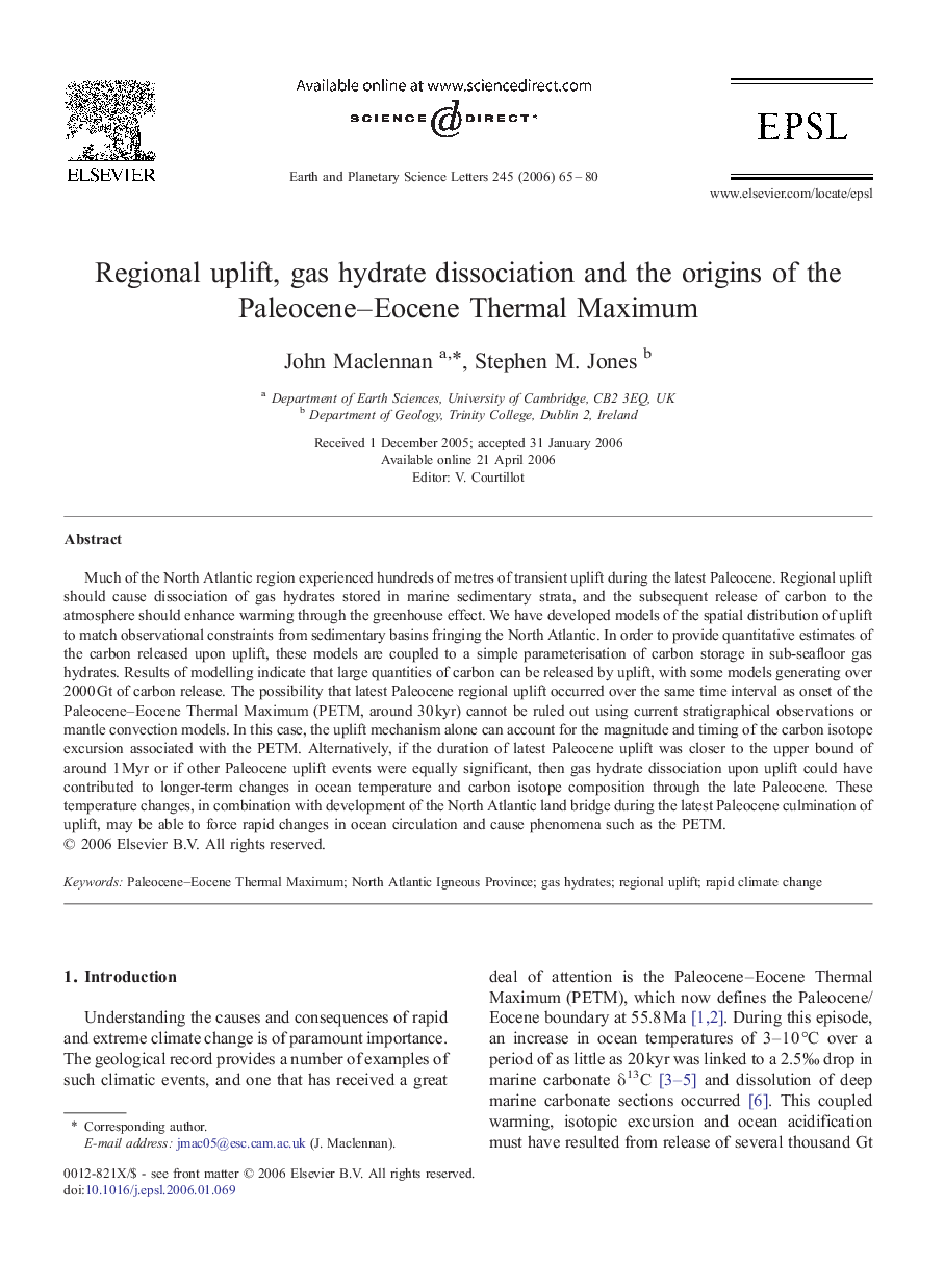 Regional uplift, gas hydrate dissociation and the origins of the Paleocene–Eocene Thermal Maximum