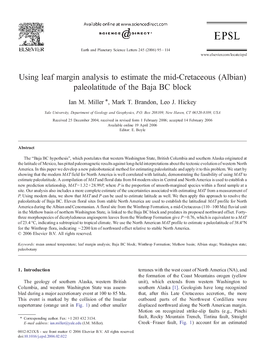 Using leaf margin analysis to estimate the mid-Cretaceous (Albian) paleolatitude of the Baja BC block